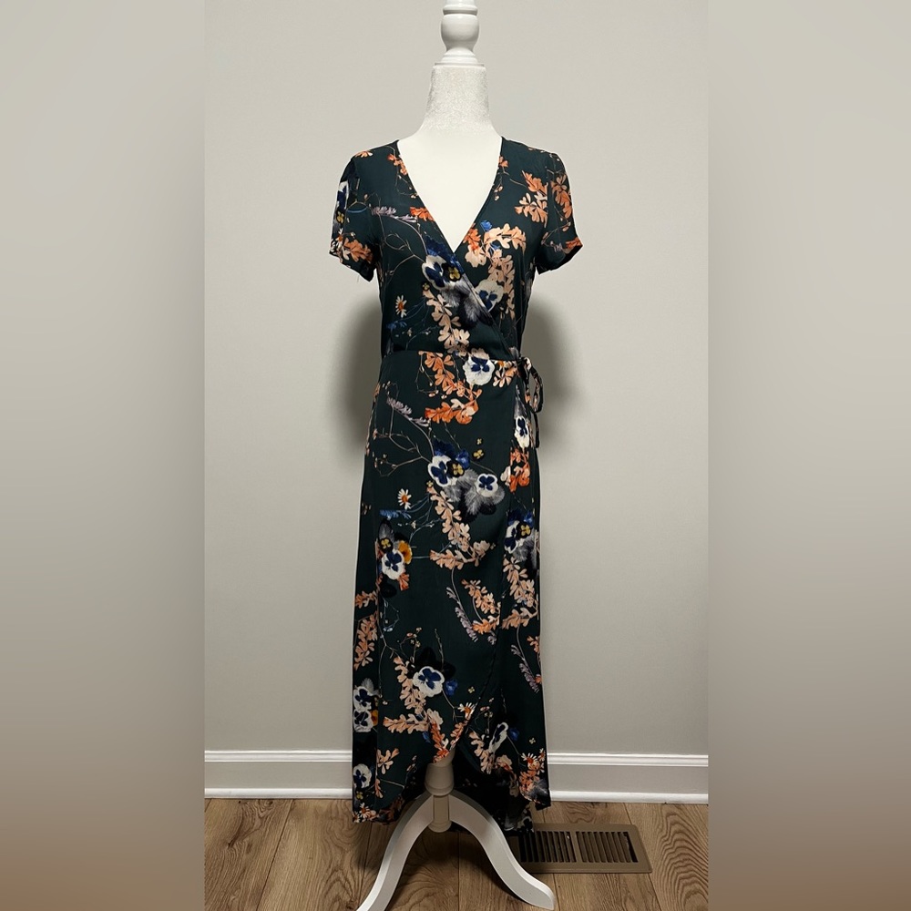 Dark green floral short sleeve maxi wrap dress